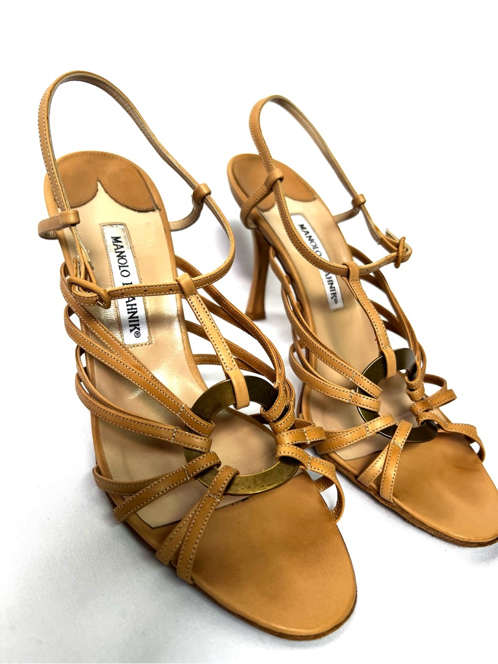 Manolo Blahnik Tan Leather Strappy Slingback Heels w Brass Ring Size 40